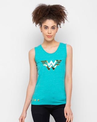 Shop Women's Blue Wonder Women Logo Gold Foil Printed Tank Top-Front