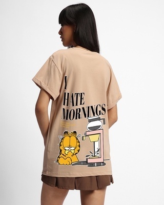 Shop Women's Brown Garfield Hates Mornings Graphic Printed Boyfriend T-shirt-Front