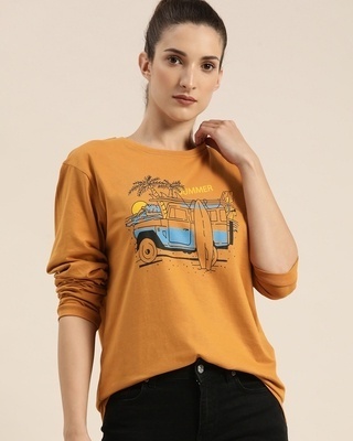 Shop Women's Brown Graphic Print Oversized T-shirt-Front