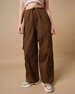 Shop Women's Brown Oversized Cargo Parachute Pants-Front