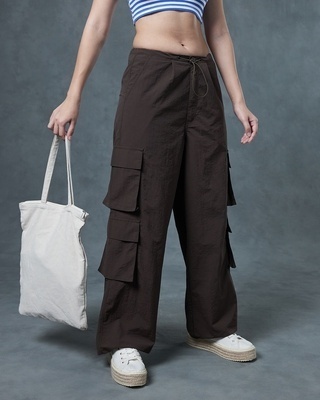 Shop Women's Brown Oversized Cargo Parachute Pants-Front