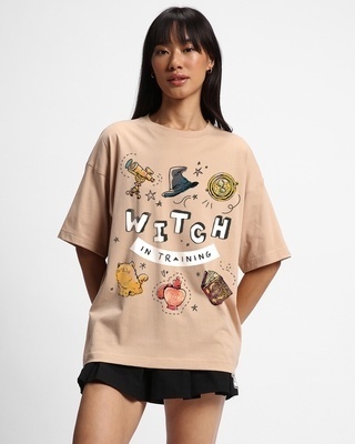 Shop Women's Brown Witch Training Graphic Printed Oversized T-shirt-Front