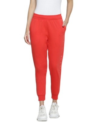 Shop Women's Coral Red Live The Moment Typography Slim Fit Joggers-Front