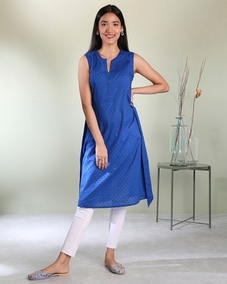 Shop Women's Cotton Swiss Dot Dobby Sleeveless Classic Blue Kurta with Belt Tie Up-Front