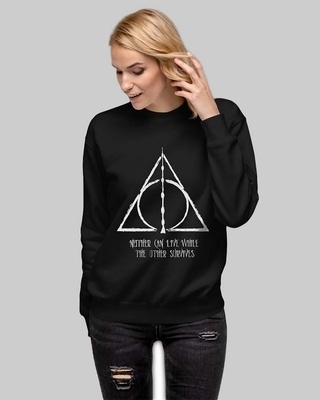 Shop Women's Black Deathly Hallow Black Printed Regular Fit Sweatshirt-Front