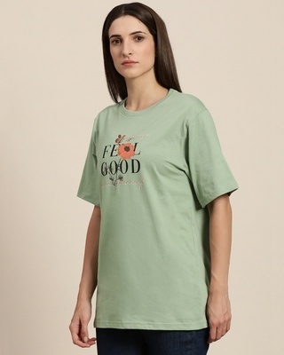 Shop Women's Green Feel Good Typography Oversized T-shirt-Front