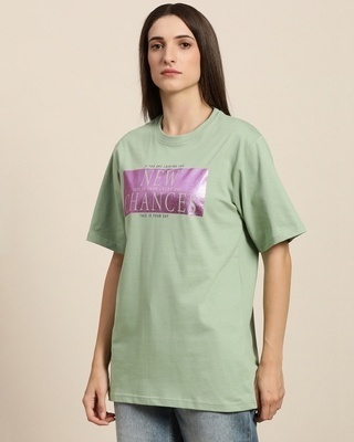 Shop Women's Green New Chances Typography Oversized T-shirt-Front