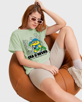 Shop Women's Green Sea u Never Graphic Printed Boyfriend T-shirt-Front