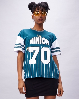 Shop Women's Green & White Minion Jersey Graphic Printed Oversized T-shirt-Front