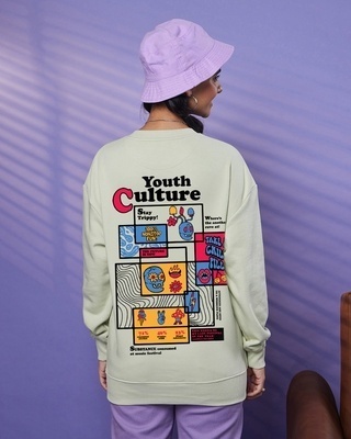 Shop Women's Green Youth Culture Graphic Printed Oversized Sweatshirt-Front