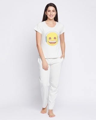 Shop Women's Grey Emoji Printed Nightsuit-Front