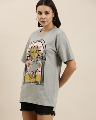Shop Women's Grey Graphic Printed Oversized T-shirt-Front