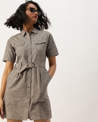 Shop Women's Grey Self Design Cotton Dress-Front