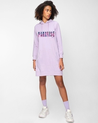 Shop Women's Purple Living in Paradise Graphic Printed Hoodie Dress-Front