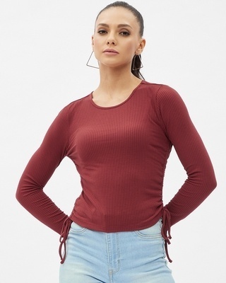 Shop Women's Maroon Rayon Round Neck Long Sleeve Top-Front