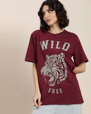 Shop Women's Maroon Wild Free Graphic Printed Oversized T-shirt-Front