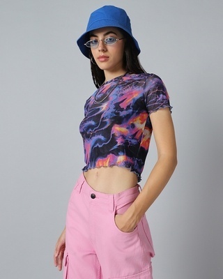 Shop Women's Blue & Orange All Over Printed Slim Fit Short Top-Front