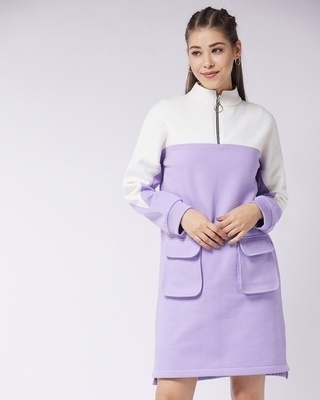 Shop Women's Lavender & Off-White Color Block Jumper Dress-Front