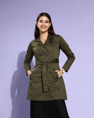 Shop Women's Olive Cotton Trench Coat-Front