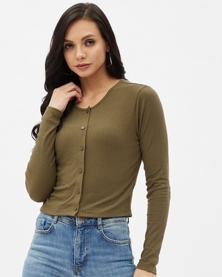 Shop Women's Olive Rayon V-neck Long Sleeve Top-Front