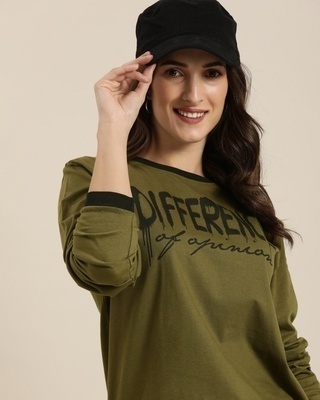 Shop Women's Olive Typographic Oversized T-Shirt-Front