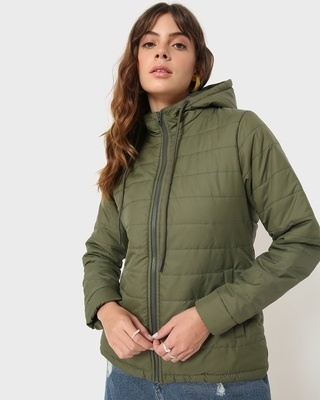 Shop Women's Olive Winter Puffer Jacket-Front