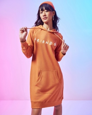 Shop Women's Orange Friends Logo Graphic Printed Hoodie Dress-Front