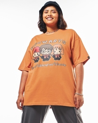 Shop Women's Orange Golden Trio Graphic Printed Oversized Plus Size T-shirt-Front