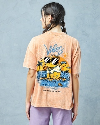 Shop Women's Orange Heat Waves Graphic Printed Oversized Acid Wash T-shirt-Front
