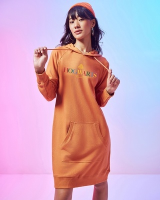 Shop Women's Orange School of Witchcraft Graphic Printed Hoodie Dress-Front