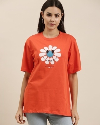 Shop Women's Orange Smile To The World Graphic Printed Oversized T-shirt-Front