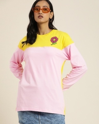 Shop Women's Pink and Yellow Flower Color Block Oversized Cotton T-shirt-Front