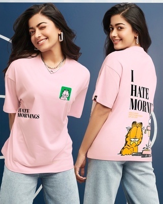 Shop Women's Pink Garfield Hates Mornings Graphic Printed Oversized T-shirt-Front