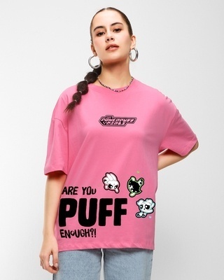 Shop Women's Pink Powerpufff Enough Graphic Printed Oversized T-shirt-Front