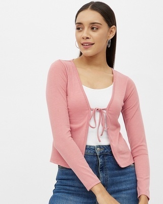 Shop Women's Pink Rayon V-neck Long Sleeve Top-Front