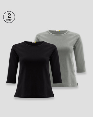 Shop Women's Plain Round Neck 3/4th Sleeve T-shirt - Pack of 2 Black- Meteor Grey-Front