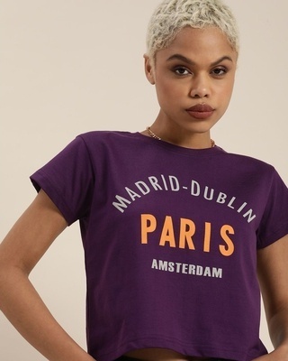 Shop Women's Purple Madrid-Dublin Paris Typography T-shirt-Front