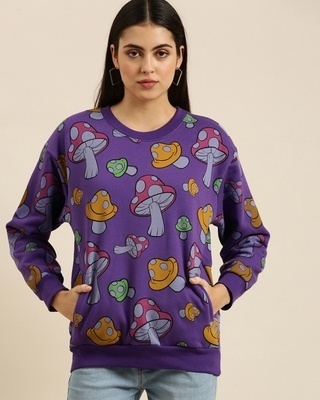 Shop Women's Purple Mushrooms Printed Oversized Sweatshirt-Front