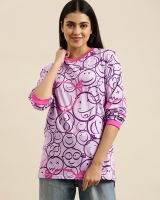 Shop Women's Purple Smiley Faces Printed Oversized T-shirt-Front