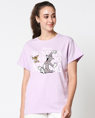 Shop Women's Purple Sundays We Do Nothing Graphic Printed Boyfriend T-shirt-Front