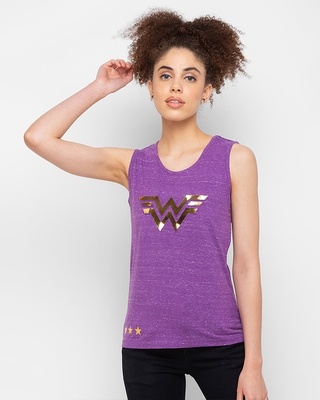 Shop Women's Purple Wonder Women Logo Gold Foil Printed Tank Top-Front