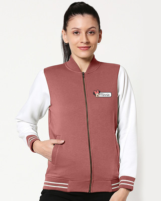 Women's Red & White Minnie Color Block Varsity Bomber Jacket