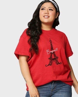 Shop Women's Red Bonjour Paris Graphic Printed Plus Size Boyfriend T-shirt-Front