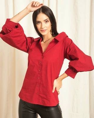 Shop Women's Red Cuffed Sleeve Slim Fit Shirt-Front