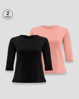 Shop Women's Round Neck 3/4 Sleeve Combo T-Shirts Black-Pink-Front