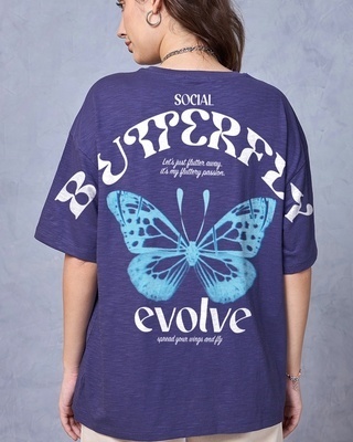 Shop Women's Skipper Blue Social Butterfly Graphic Printed Oversized T-shirt-Front