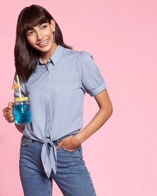 Shop Women's Solid Tie Hem Half Sleeve Casual Blue Shirt-Front