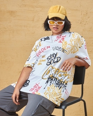 Shop Women's White All Over Printed Oversized Plus Size T-shirt-Front