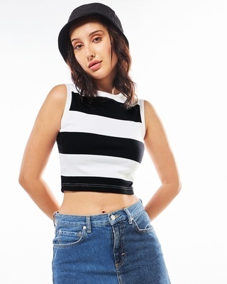 Shop Women's White & Black Striped Slim Fit Short Top-Front