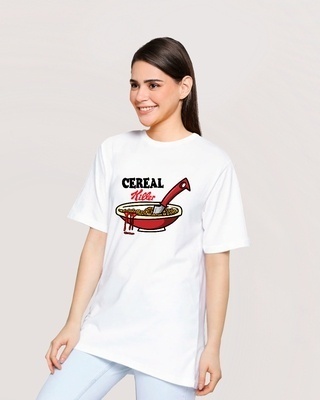 Shop Women's White Cereal Killer Graphic Printed Oversized T-shirt-Front